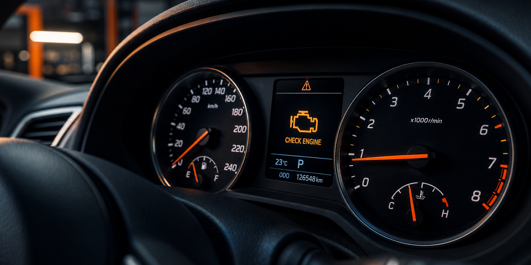 Tableau de bord avec voyant check engine allum&eacute;